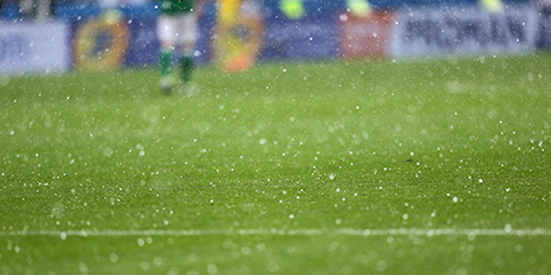 Details of green grass of football pitch seen during the rain