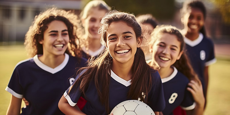 Teenage girls soccer team smiling
