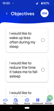 Objectives screen on Sleepful Drive app. The example objectives on screen are "I would like to wake up less often during me sleep" and "I would like to reduce the time it takes me to fall asleep."