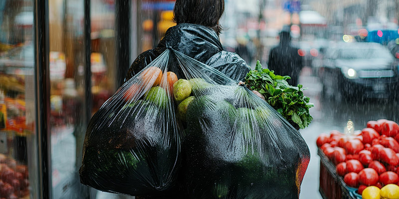 Rainy day, person carrying wet produce bags.